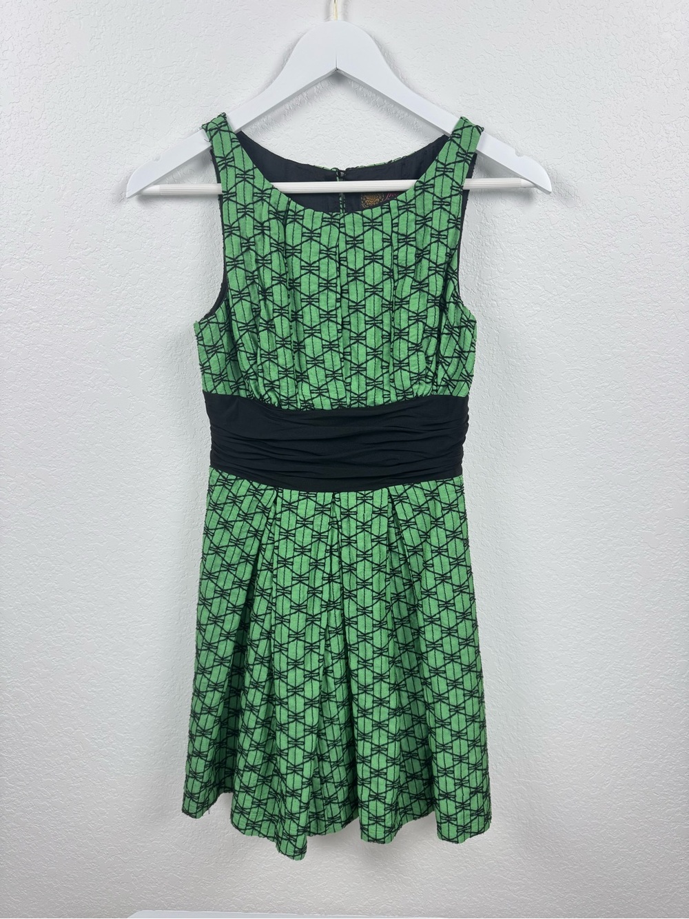 Frock! Vintage Silk Swing Geometric Fit-and-Flare Dress with Black Waistband